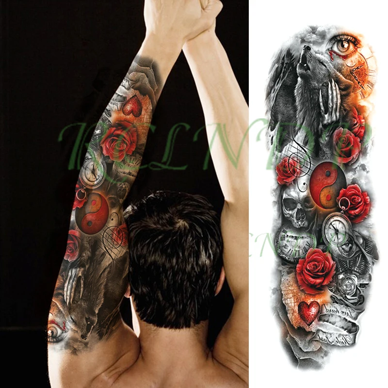 

Waterproof Temporary Tattoo Sticker wolf red rose heart skull clock full arm large fake tatto flash tatoo stickers for men women