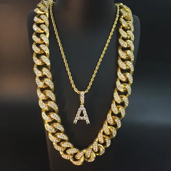 

Hip Hop Men Necklace 26 Letter Pendant Necklace + Ice Out Cuban Chain Men Fashion Jewelry In Crystal Necklace Combo For Men