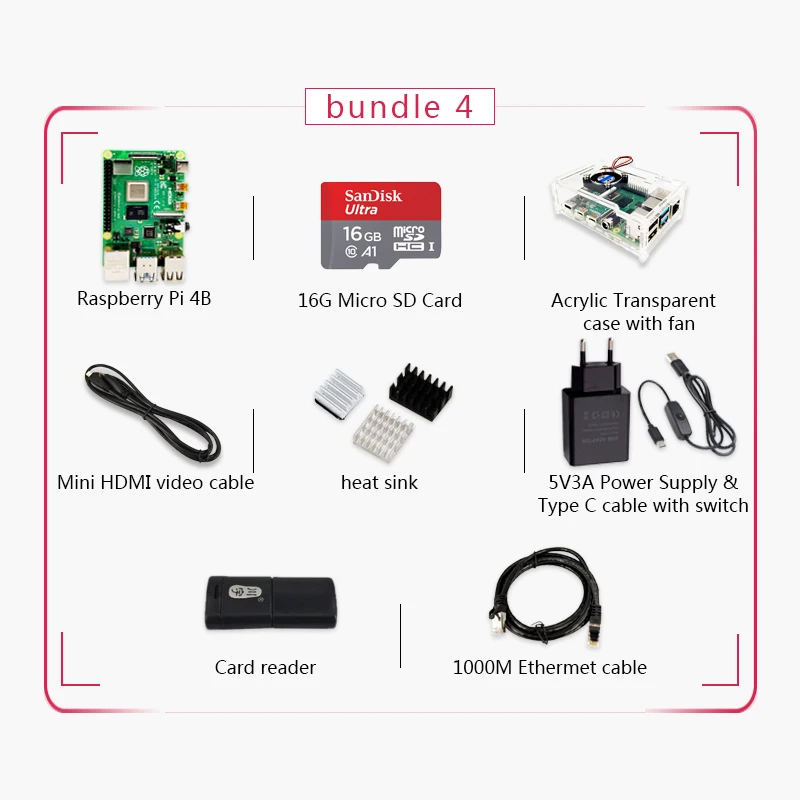 Original Raspberry Pi 4 Model B 1G Kit Pi 4 board Micro HDMI Cable Power Supply With Switch Case With Fan Heat Sinks