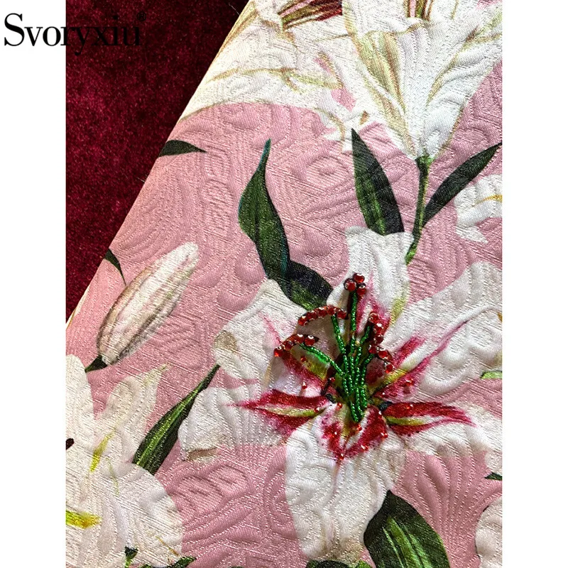 Kaufen Svoryxiu Neue Runway Herbst Winter Party A Line Mini Kleid frauen Diamant Perlen lilie Blume Drucken Jacquard Ärmelloses Kleid