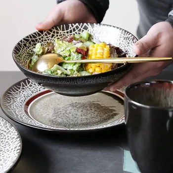

Creative ceramic tableware European-style cups and dishes set retro western food dishes home dishes shallow mouth bowl soup bowl