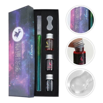 

5Pcs Crystal Glass Pen Starry Sky Unicorn Dip Pen Glitter Powder Fountain Pen Colors Ink Gift Box Set Writing Supplies
