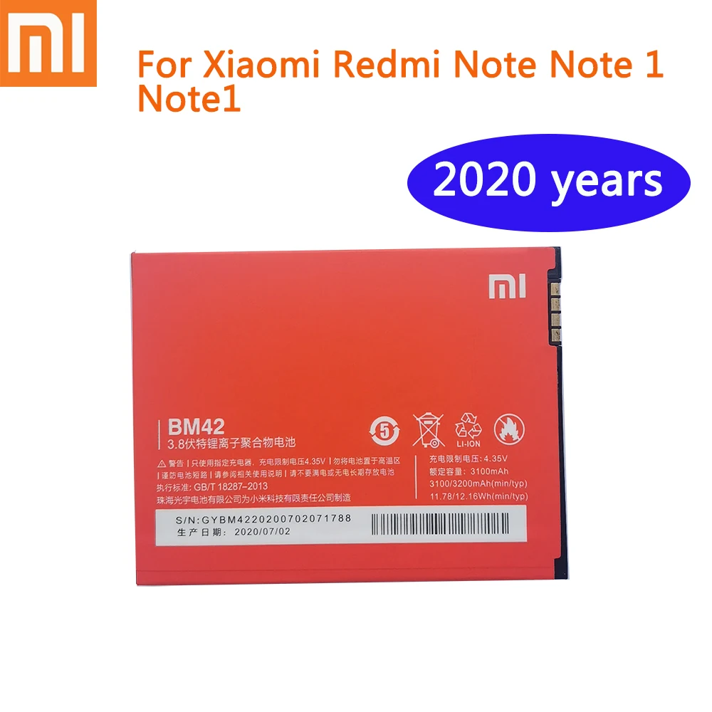 

2020 years 100% Original Xiaomi Battery BM42 For Xiaomi Redmi Note Note 1 Note1 Mobile Phone Replacement Batteries 3200MHz