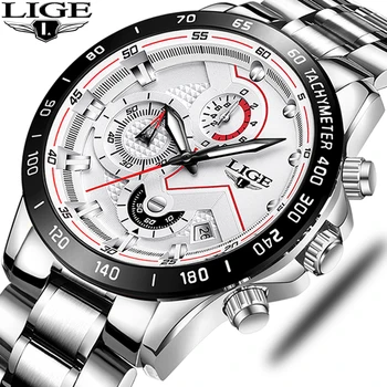 

LIGE Fashion Mens Watches Top Brand Luxury Quartz Wrist Watch Men Silver Watch Man Waterproof Chronograph+Box Relogio Masculino