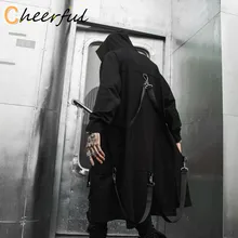 

Spring autumn men ribbons patchwork punk hip hop long trench coat hooded cloak men black zipper techwear long jacket overcoat