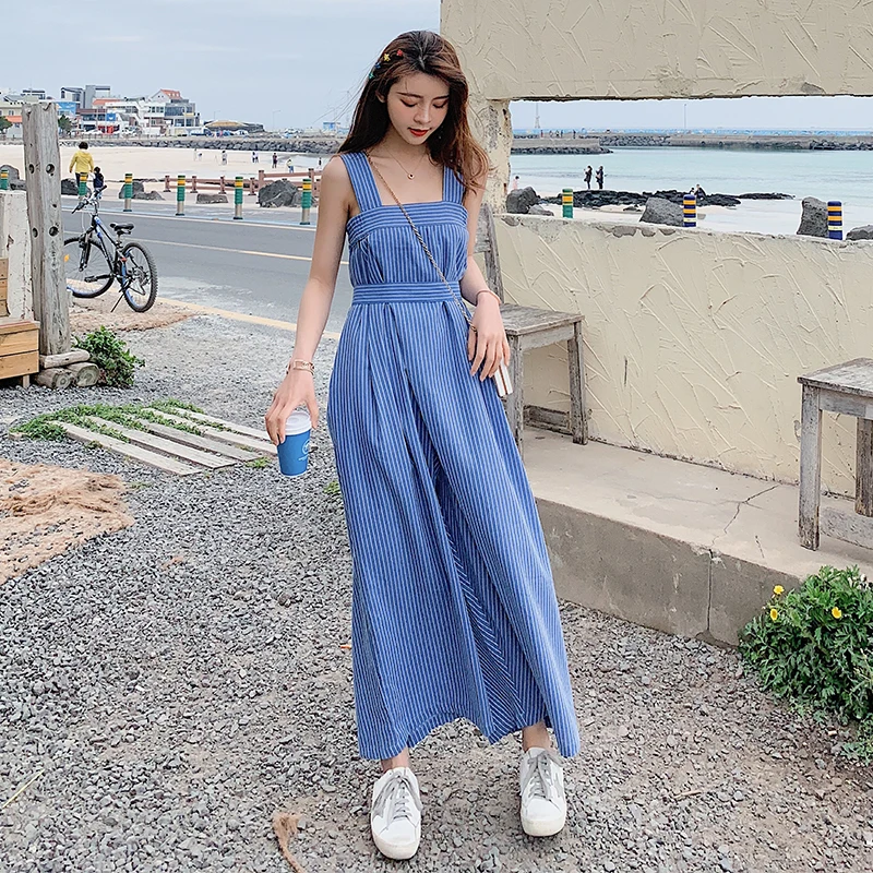 Women Summer Sleeveless Stripe Bandage Jumpsuits Wide Leg Pants Skirts Strap Romper Office Lady Loose Casual Blue Trouser | Женская