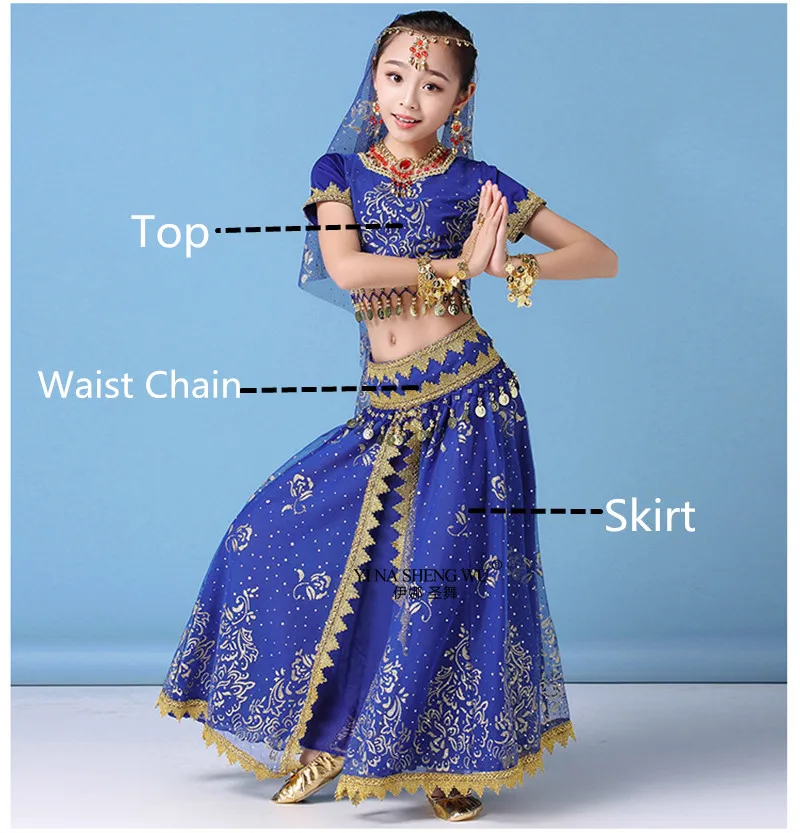 Стиль, детский индийский танцевальный костюм для танца живота, сари, Болливуд, детский наряд, шифоновый костюм для танца живота, комплекты одежды для выступлений - Цвет: Royal blue 3pcs
