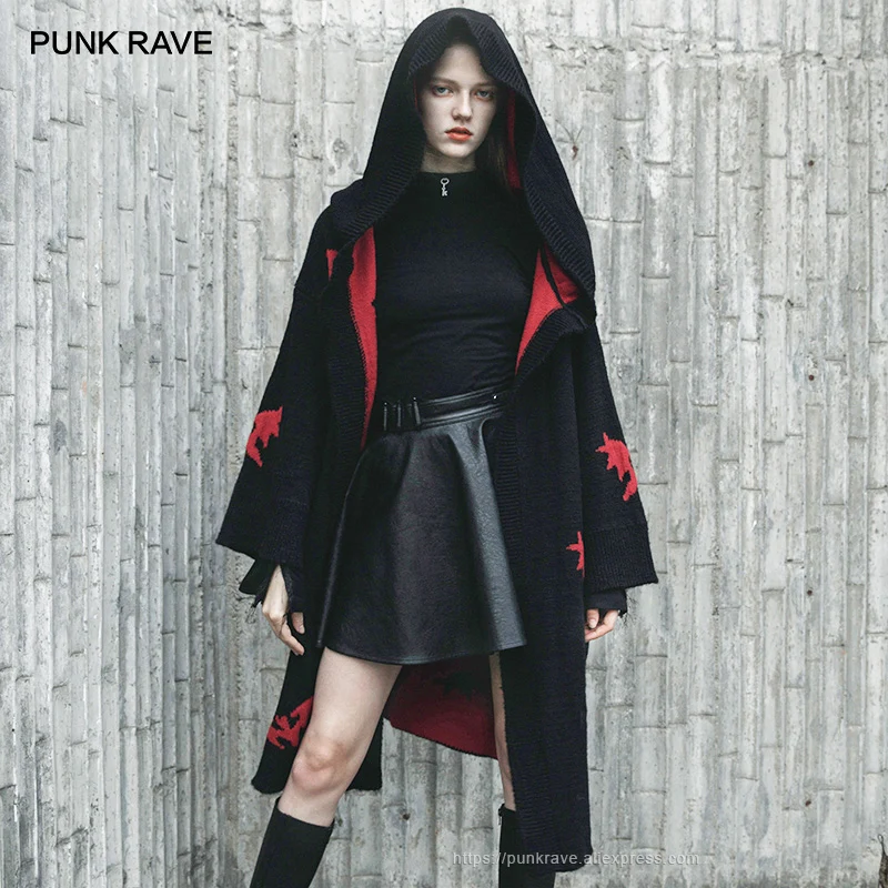 

PUNK RAVE Girl's Gothic Bats Patten Hooded Knitted Long Cardigans Women Coats Personality Casual Knit Sweater