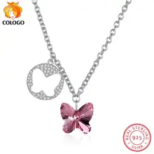 COLOGO 100% Plata de Ley 925 deslumbrante cristal mariposa colgante gargantilla Collar para mujer niña joyería regalos LKN0039(China)