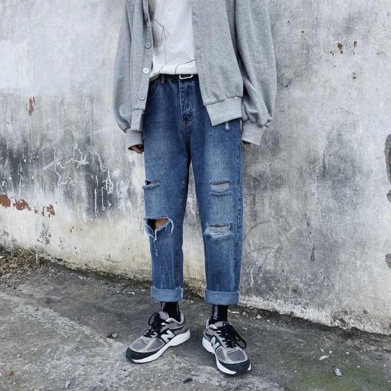 70% OFF Hole Jeans Men's Fashion Washed Solid Color Casual Straight Jean Pants Men Streetwear Wild Loose Hip Hop Denim Trousers Mens