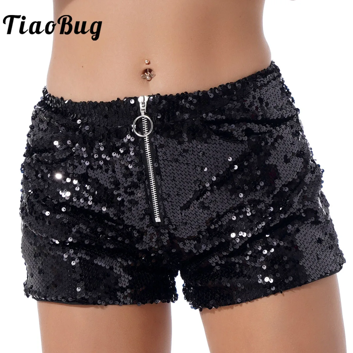 

Women High Waist Sequin Zip Up Glitter Clubwear Shorts Dance Performance Costume Shimmer Sexy Rave Booty Short
