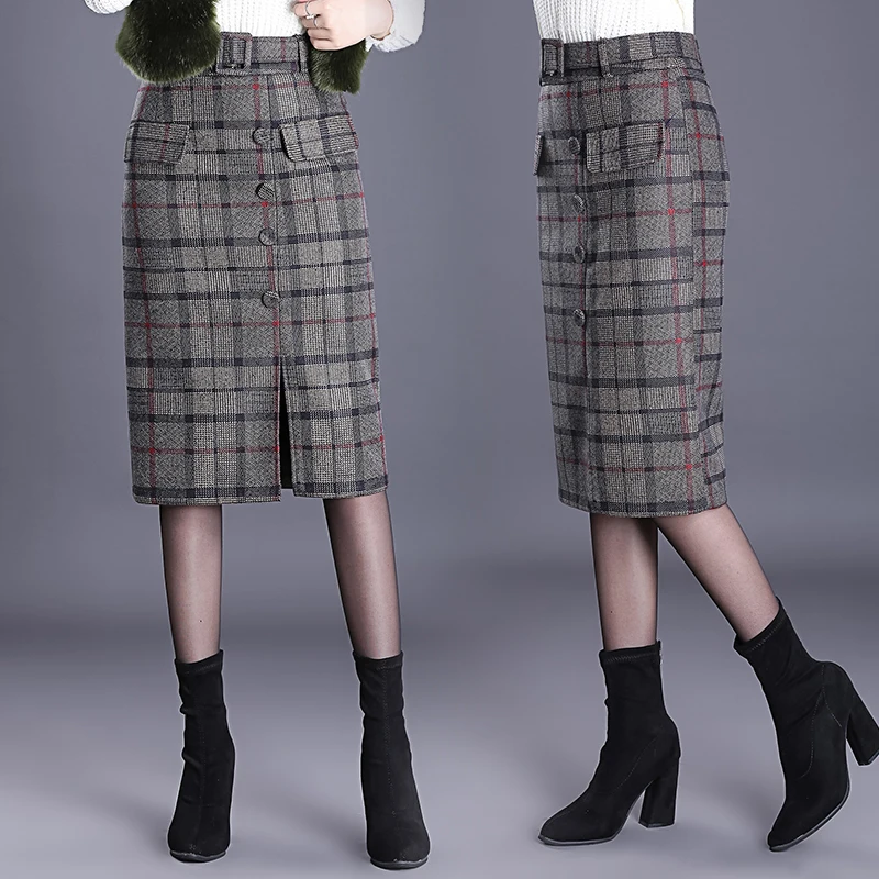 Осенне-зимние шерстяные клетчатые юбки модные элегантные женские офисные длинные юбки с высокой талией сплит-пакет бедра юбка плюс размер 1406
