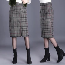 Осенне-зимние шерстяные клетчатые юбки модные элегантные женские офисные длинные юбки с высокой талией сплит-пакет бедра юбка плюс размер 1406