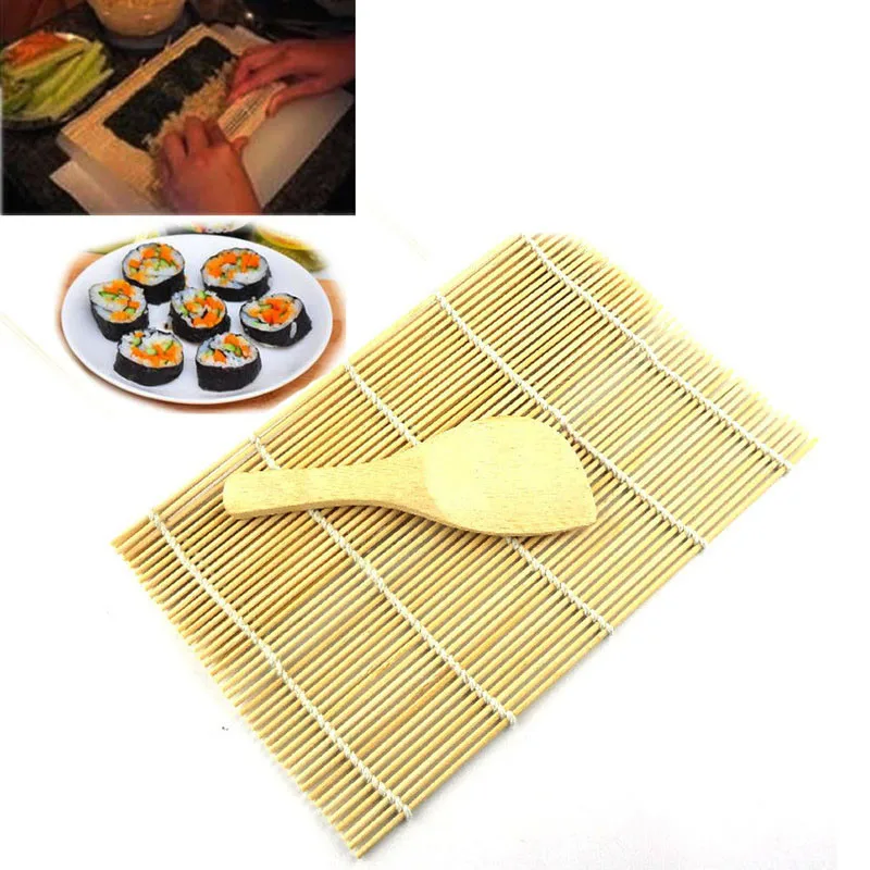 cheap Sushi Rolling Maker Bamboo Material Roller DIY Mat and A Rice Paddle