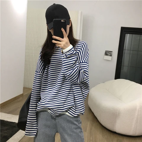 New Striped Women Sweatshirts Lady Drop-shoulder Fashion Style Hoodies Female Oversized Tops for Autumn WH2112