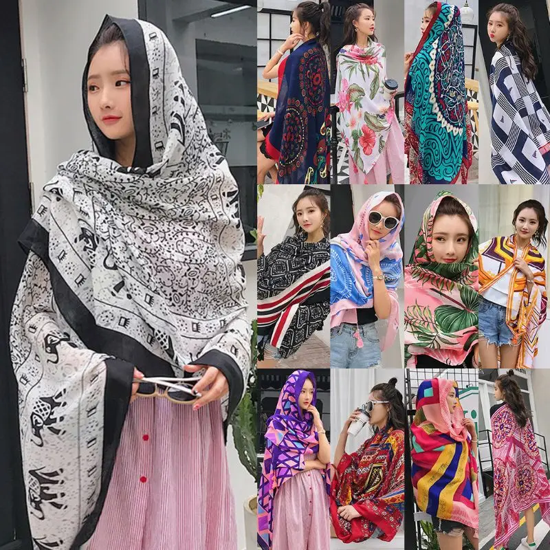 

13 Colors Womens Ethnic Holiday Wind Scarf Colored Tropical Leaf Floral Print Large Shawl Multi-Use Bikini Cover Up With Tassels