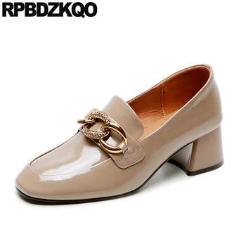 

metal thick square toe high quality designer shoes 2019 pumps genuine leather block slip on medium heels luxury ladies patent