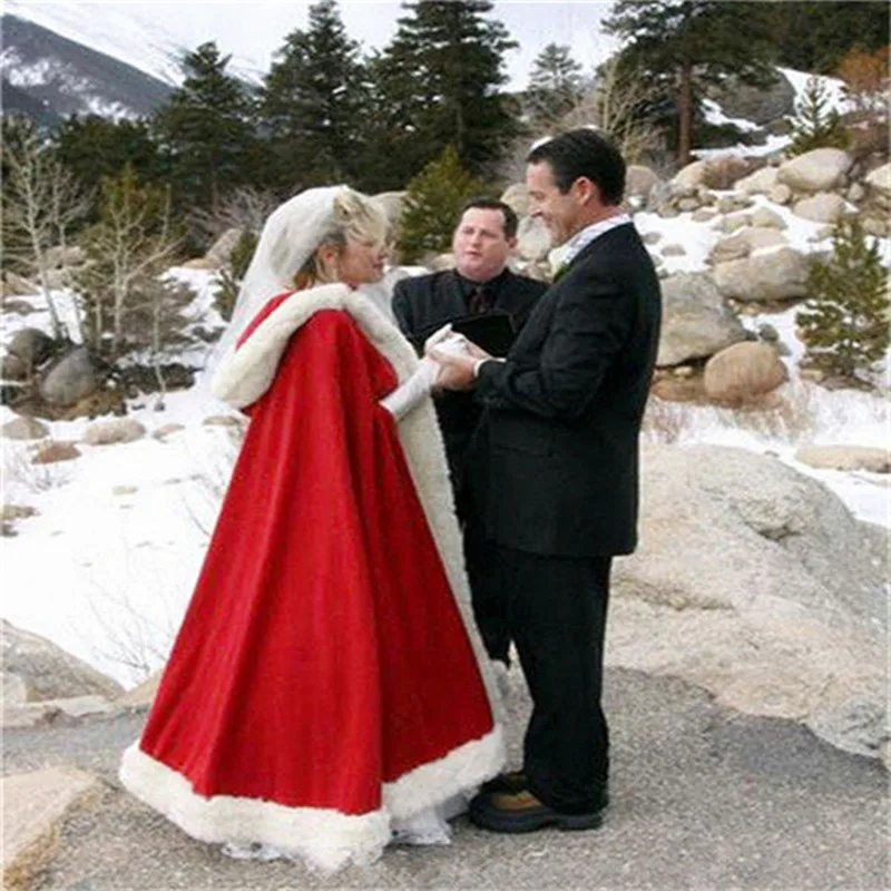 Романтическая Свадебная атласная шаль с капюшоном, накидка в пол, свадебные накидки из искусственного меха с сатиновой накидкой для зимы - Цвет: Red