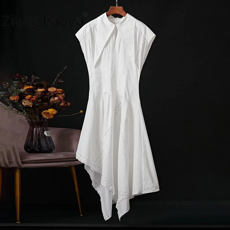 Белый Ziwwshaoyu Высокое качество хлопок выдалбливают миди платья женские Подиум Дизайнер без рукавов Boho одноцветное белое платье для отдыха - Цвет: Белый