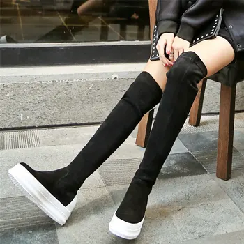 

Thigh High Platform Oxfords Shoes Women Black Stretchy Cow Leather Over The Knee High Boots Female Long Shaft Fashion Sneakers