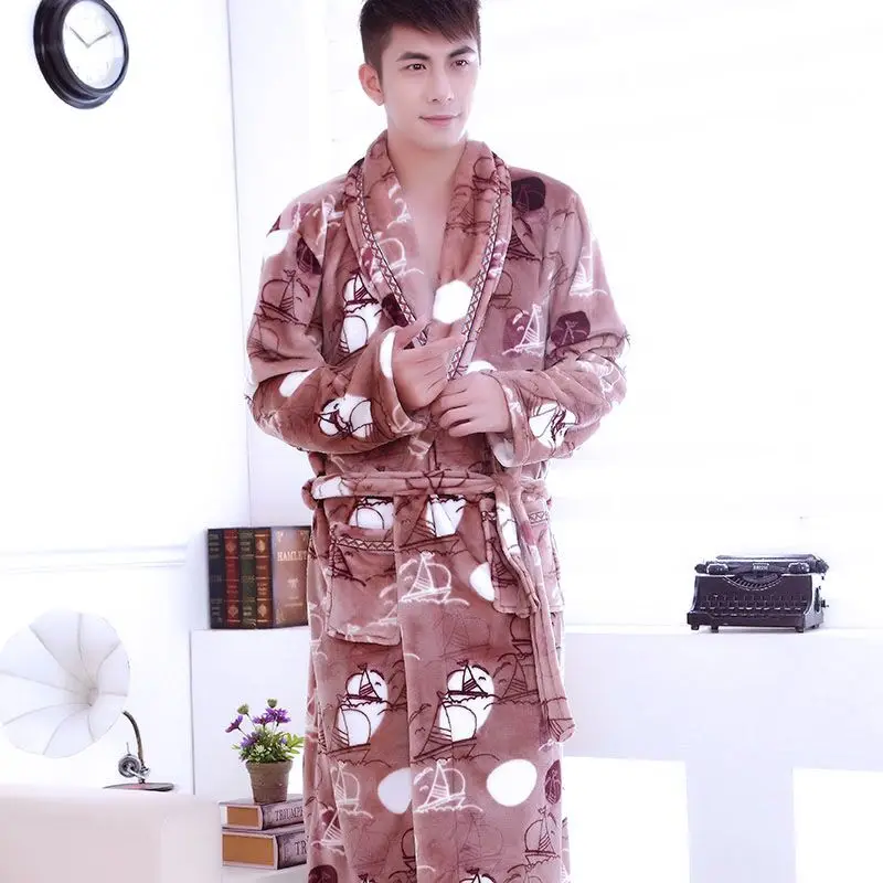 Bathrobe Men Winter Robe Plush Thick Flannel Long Sleeve Belt Kimono Men's Casual Home Sleepwear 2019 Sexy Man Pyjamas