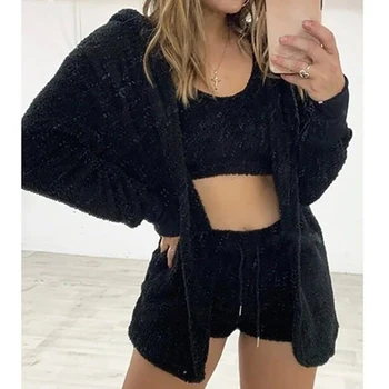 Three Piece Sexy Fluffy Outfits Plush Velvet Hooded Cardigan Coat Shorts Crop Top Women Tracksuit