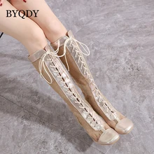 BYQDY Lace Wire Mesh High Tube Knee High Boots Hollow Fashion Straps Square Toe Ladies Shoes Square Heels Gold Summer Shoes