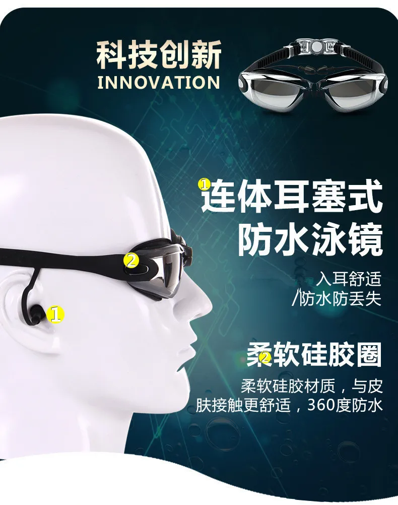 

Goggles High-definition Myopia Anti-fog Waterproof Swimming Glasses Men And Women Big Box Electroplating Glass with Earplug Plai