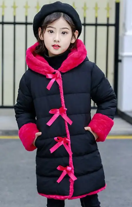 black girls jackets От 3 до 13 лет, коллекция года, зимнее пальто для девочек парки с хлопковой подкладкой зимняя куртка для девочек, Длинные Детские пальто и куртки с капюшоном Детская верхняя одежда - Цвет: black girls jackets