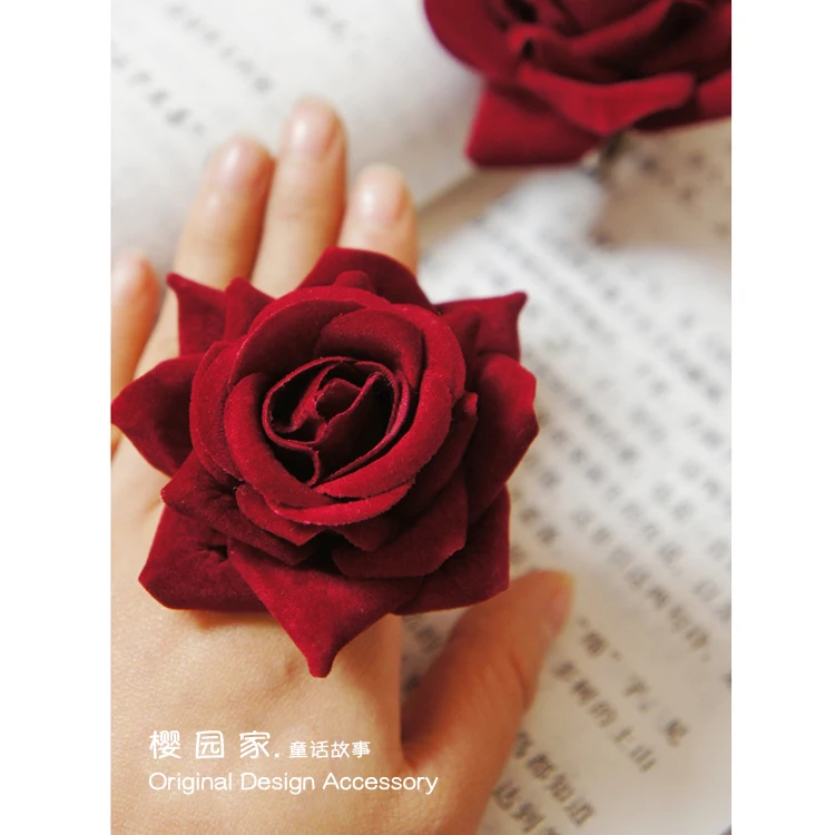 Hand Made Retro Gothic Wind Flower Ring Dark Girl Lolita Dark Red