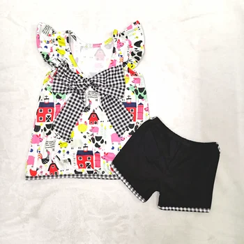 

Hot sale baby girls farm clothing backless with big bow shorts set girls boutique outfits