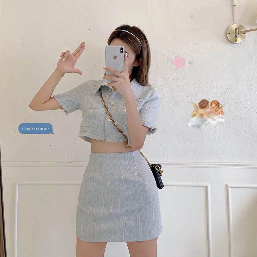 Summer New Tweed Sets 2 Piece Set Women Skirt Suit Fashion Sexy Short  Sleeve Single-Breasted Crop Top + Mini Skirt Sets Outfits