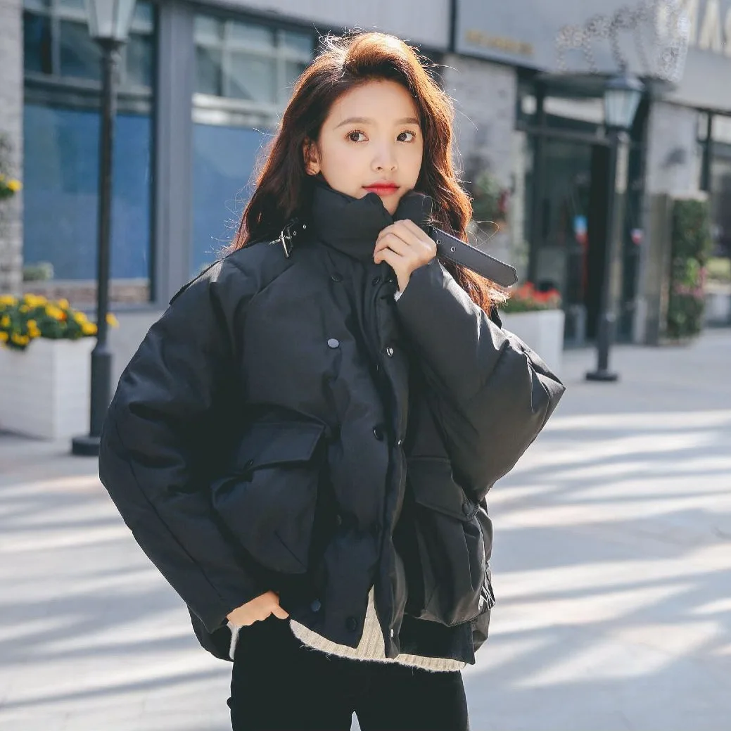 

Photo Shoot INS Simple Three-Color Handsome Stand Collar Short down Coat Loose-Fit Double Breasted Short-height Versatile Cotton