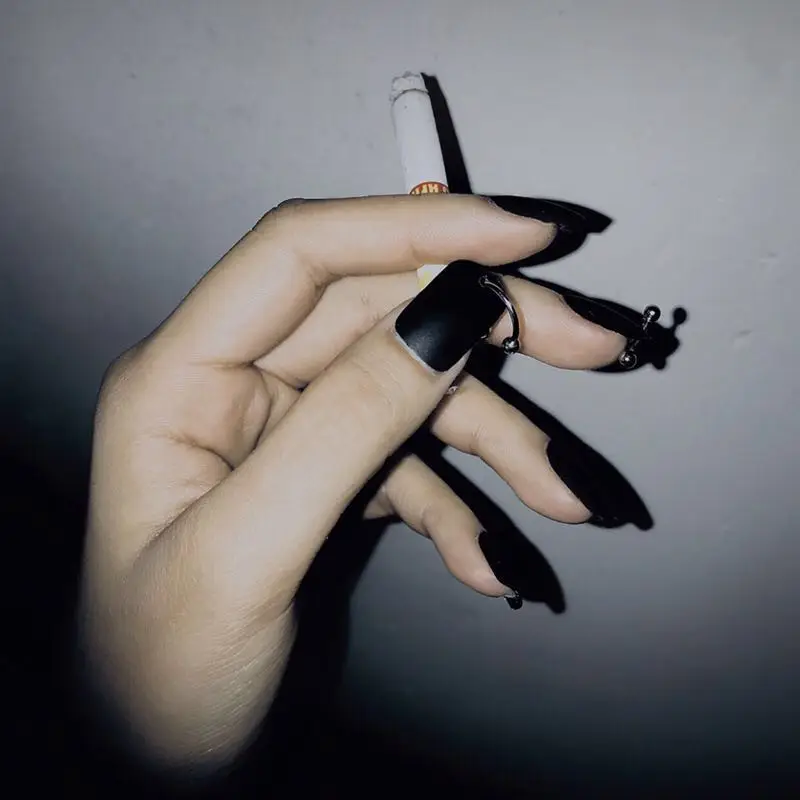 

24pcs Punk Black Pure Color False Nail Tips with 3D Ring Matte Full Fake Nails