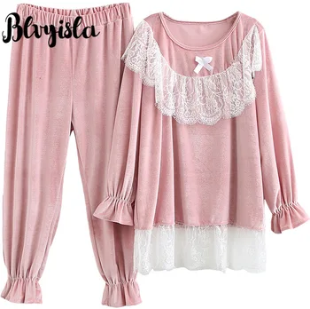 

Blvyisla 6XL Plus Size Pink Velvet Pajamas Two-piece Set Women Lace Patchwork Winter Warm Pajama Set Oversize