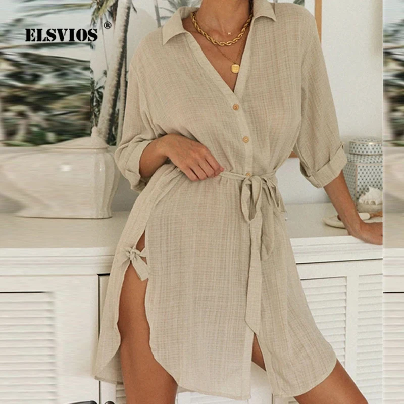 Women Turn-down Collar Shirt Dress Cotton Linen Buttons ...