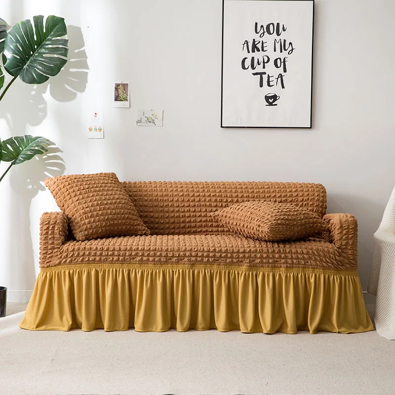 3D клетчатый эластичный чехол для дивана, универсальные чехлы для мебели с элегантной юбкой для гостиной, кресло, твердый диван - Цвет: camel