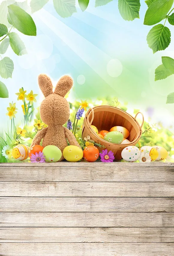 5 X7Ft Happy Easter Party Color Eggs Bunny Bokeh Green Leaves Party Custom Photo Studio Sfondo Vinile 220Cm X 150Cm