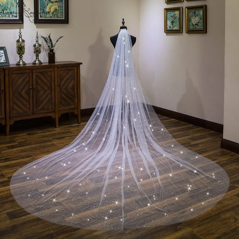 Ivory veil gold star Новые свадебные аксессуары 4 м золотые звезды слоновой кости собора/уличная свадебная вуаль Velos De Noiva один слой свадебная вуаль с расческой - Цвет: Ivory veil gold star