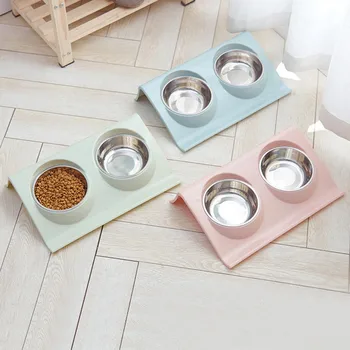 

Pet Feeder Dogs Cats Anti-slip Simple Stainless Steel Double Feeding Bowl 2