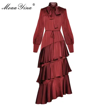 

MoaaYina Fashion Designer dress Spring Autumn Women's Dress Long sleeve Lace-up Bow collar Cascading Ruffle Asymmetrical Dresses