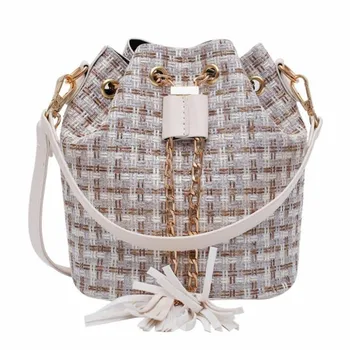 

2020 women plaid shoulder bags canvas cross body bags tassel bucket bags for girls vintage string bags M618