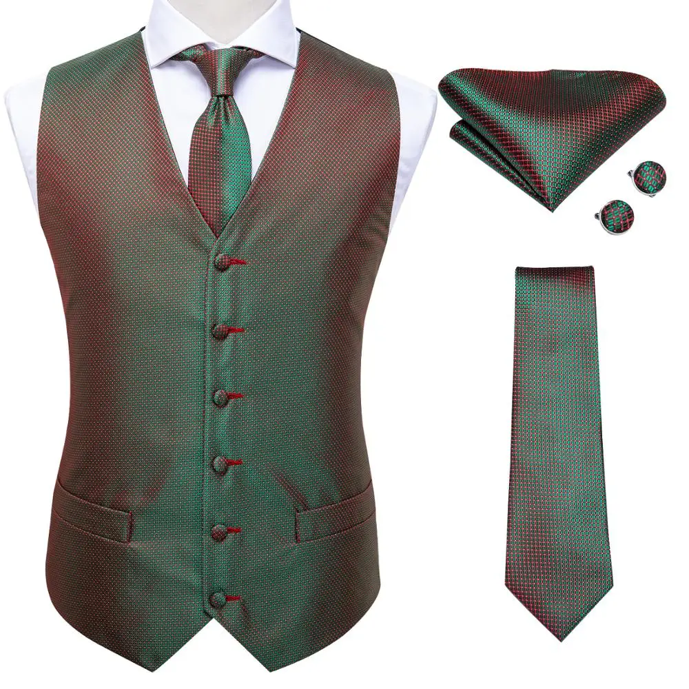 Hi-Tie-100% de seda verde para hombre, chaleco de negocios a la moda, conjunto de lujo, corbata, bolsillo, gemelos cuadrados, chalecos para fiesta de boda