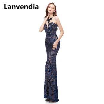 

Lanvendia 2020 Dubai Arab Mermaid Prom Dresses For Women Long Sequin Sleeveless Evening Gowns for Party Night