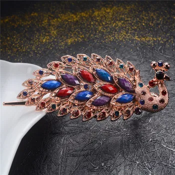 

New Products Gold Large Barrettes Up-do Useful Product 4-Color Resin Rhinestone Peacock Hairpin Clip Headband