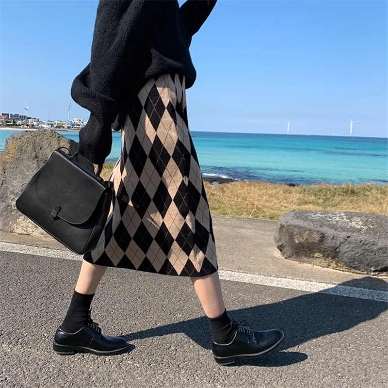 black pencil skirt New 2021 Autumn Winter Women Skirts Checkered Knitting High Waist Fashionable Vintage Elegant Long Skirts tulle skirt