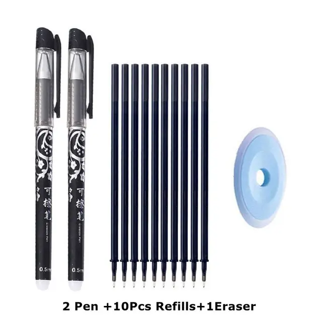 Erasable Pen Set 0.5mm Needle Bullet Tip Gel Ink Pens Refills Rods write erase Washable Handle for School Office Supplies 2 pen 10 refills C