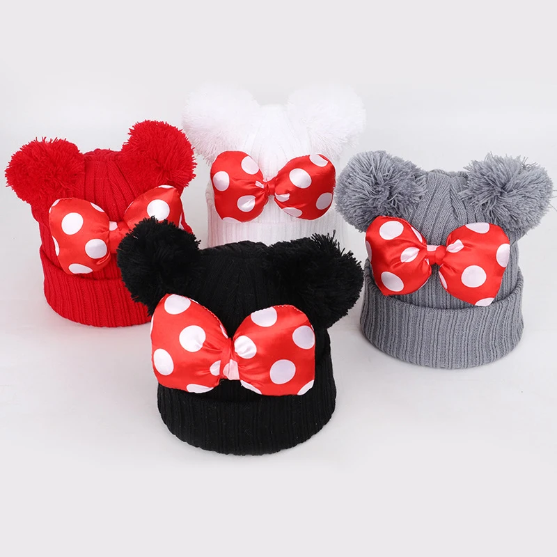 

1-9 Years Old New Autumn Winter Children Bow Bonnet Minnies Lovely Sweet Knitted Cap Little Girls Miki Mouse Hats Warm Kids Cap