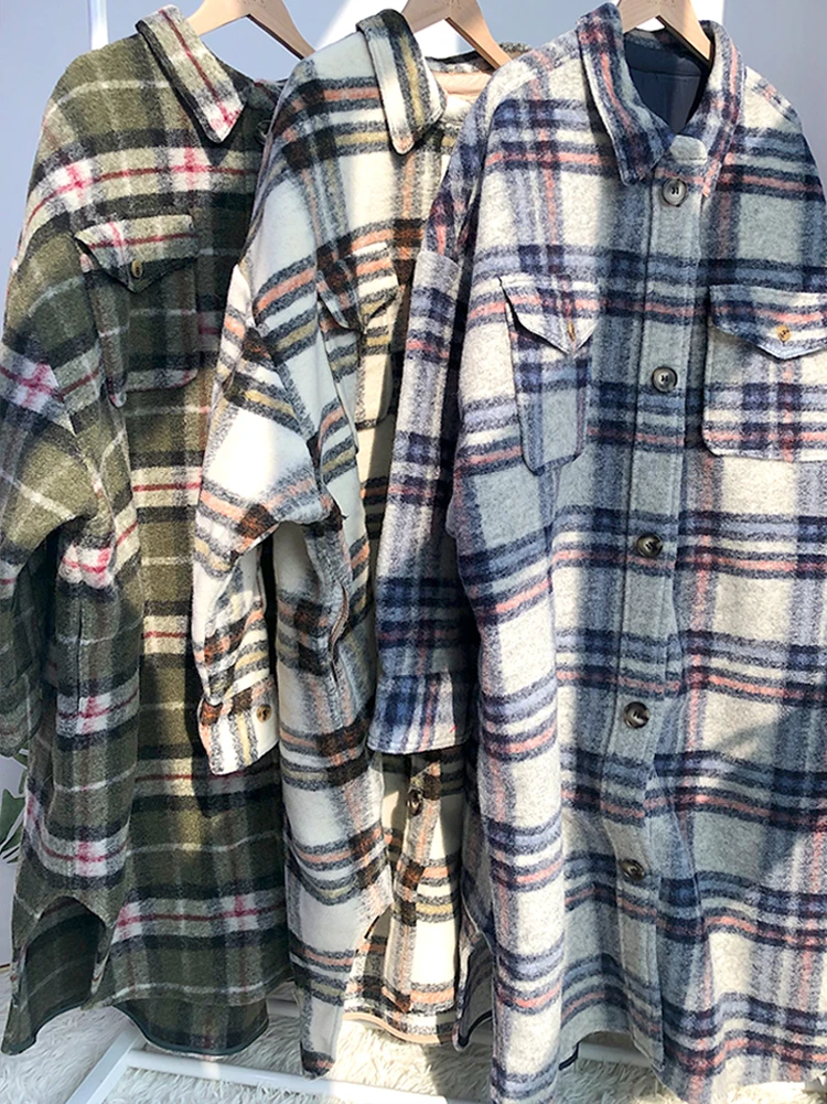 Women Elegant Woolen Coat Plaid Print Wool Turn Down Collar OG0696