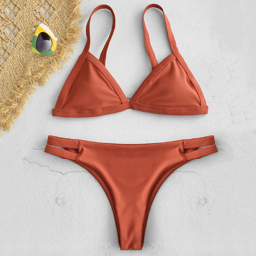 

ZAFUL Side Hollow Out Bikini Set solid color brick red /yellow /grey swimwear women bikini 2019